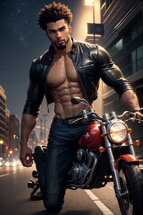 A muscular and sensual young wild afro black werewolf, red-eyed, all bald and goatee wearing leather jacket and driving a big super classic road bike down a deserted road at night with an evil entity watching among the stars