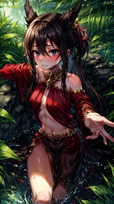 (Well defined female:0.9),(masterpiece:0.8),(absurdres:1.2),(wet clothes:0.6),(elf ears:0.9),(elven forest:0.5),(messy shiny dark short hair:0.7),(long messy side ponytail:0.7),(deep black eyes:0.8),