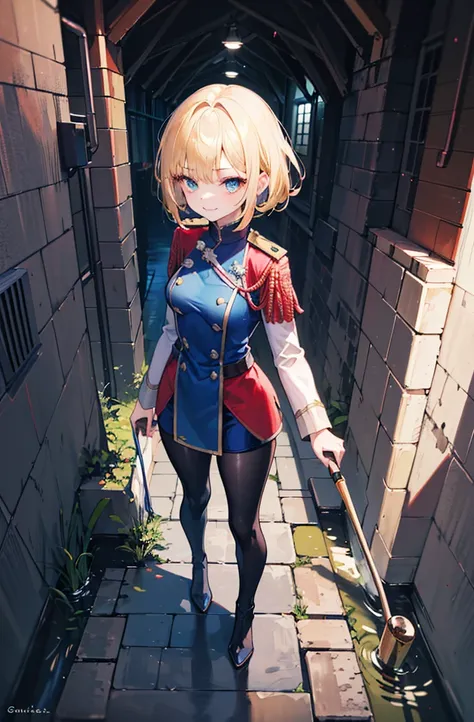 (standing painting: 1.2) + (1girl:1.5)+ golden hair + princess cut + white knight uniform + detailed eyes and nose + deep blue e...