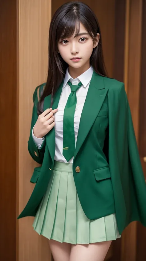 masterpiece, Highest quality, One girl, alone, Nahida_Genshin Impact, Cruciform pupil, , Green tie, blazer, Pleated skirt, Green Cape, Are standing  