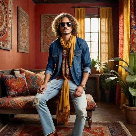 Two male models are posing in a richly decorated environment that evokes a vintage and bohemian vibe. The standing model is positioned on the left, wearing a blue denim kimono-style jacket adorned with intricate ethnic patterns and distressed edges. Undern...