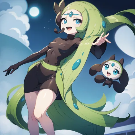 meloetta, pokemon (creature), mobface, blue eyes, chibi, :D, full body, black dress, green waist, concert stage, singing, dancing