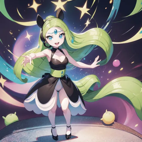 meloetta, pokemon (creature), mobface, blue eyes, chibi, :D, full body, black dress, green waist, concert stage, singing, dancing