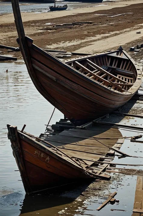 A broken wooden boat stranded near the river mouth，The head and hull of the boat were broken，Scattered around the ship。
By emphasizing space，shape，Interweaving and atmosphere to describe this situation
