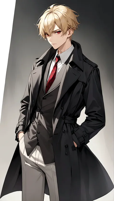 Hands in pockets,Exquisite facial features,blond，Red Eyes，Young male，Black trench coat