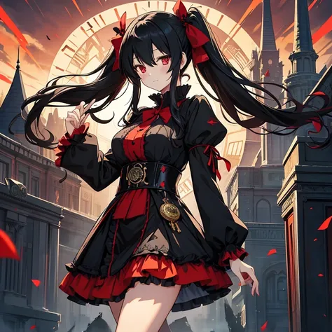 "Kurumi Tokisaki, a character from the anime Date A Live, wearing an elaborate red and black gothic lolita dress with intricate lace and frills, a black satin ribbon tied around her waist, knee-high black boots with ornate patterns, her right eye is a stri...