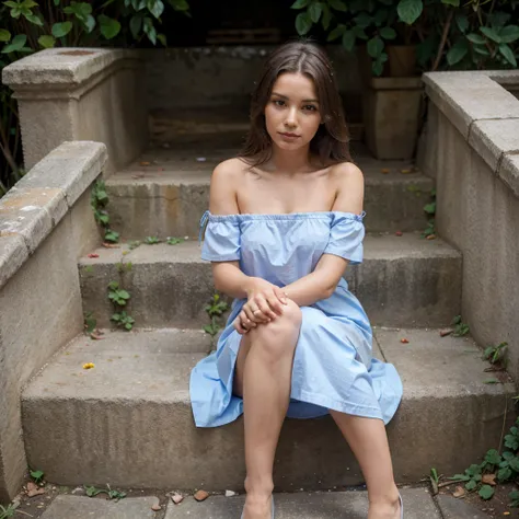 A pretty Woman sitting on steps with legs crossed wearing a light blue off shoulder cotton frock with flowers designed on it, big and hot body in a background of Srilanka