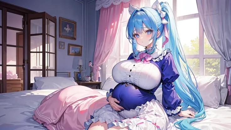 2 22-year-old girls, Blue Hair, Long double ponytail, Pink shirt, Fluffy collar, White fluffy skirt, White ribbon on hair, Lots of hair accessories, Lolita，(Pregnant，Huge breasts：1.8)，Room