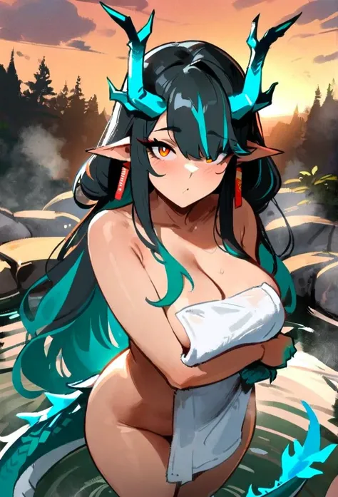 1girl, dusk (arknights), arknights  masterpiece, best quality, newest, deep reed eyes, deep reed hair, dark horns, ///// by nyantcha, , by khyle, cutesexyrobutts  rating:nsfw, nude,naked,,,,,,,,solo,,standing, , povpov, onsen,(body wrap towel:1.2), towel w...