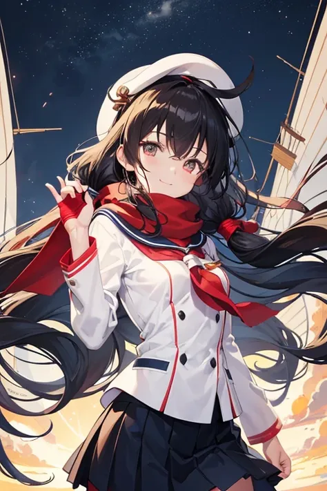 Create an illustration of Akeno Misaki from "High School Fleet" with the following characteristics:
- Hair: Brown, twintails, with a youthful and energetic look.
- Eyes: Bright, expressive, and reflecting her strong will.
- Uniform: A traditional maritime ...