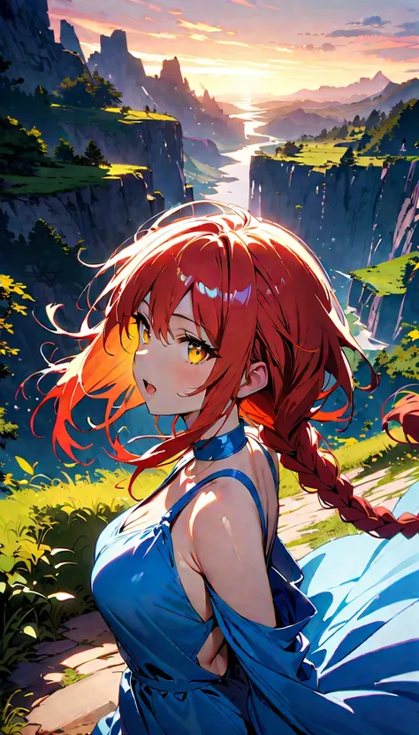 (highest quality:1.2), Very detailed, Vibrant, digital coloring, High Contrast, (masterpiece:1.2), highest quality, Best aesthetics, 1 female, red Hair, (long single braid:1.5), (messy hair:0.8), lemon yellow eyes, (((Blue Dress:1.2))), backless dress, (fa...