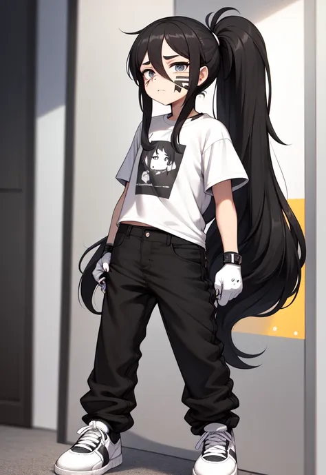 The character has long black hair, tied in two ponytails. There is a patch on the face. He is wearing a brown T-shirt with rolled up sleeves, black pants and black and white sneakers. He is wearing white fingerless gloves on his hands..