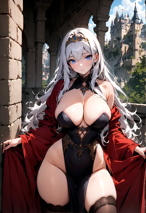 milf, 30 years old, (highres, masterpiece:1.2), white hair, robe, red robe, (large breasts), thick thighs, standing, pelvic curtain, tiara, thighhighs, v-neck, strapless dress, blue eyes, expressionless, long hair, castle in background, balcony