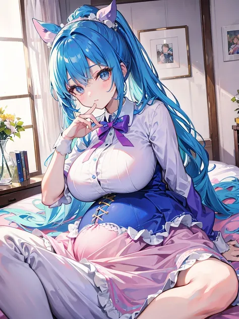 2 22-year-old girls, Blue Hair, Long double ponytail, Pink shirt, Fluffy collar, White fluffy skirt, White ribbon on hair, Lots of hair accessories, Lolita，(Pregnant，Huge breasts：1.8)，Room