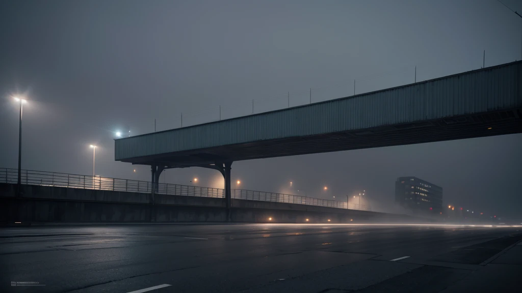 hopeless landscape,Foggy night, Huge, square,steel and enigmatic structures