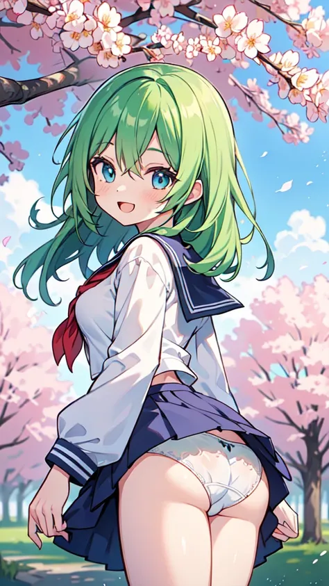 ((A Pretty High School girl with green hair and blue eyes)), ((wearing Sailor suit)), Baby face, ((master piece, top-quality, ultra-definition, high resolution)), anime girl, ((ultra-detailed illust:1.2)), only one person, bangs, hair between eye, beautifu...