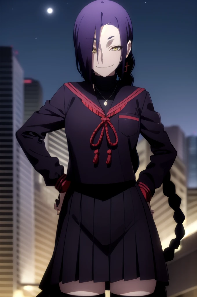 maganechikujouin, magane chikujouin, long hair, purple hair, braid, single braid, (hair over one eye:1.5), (yellow eyes:1.3), sm...