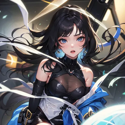 a woman,wearing a black bunny girl suit,black long hair,blue eyes,in the club