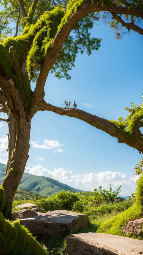 moss\(style\),(blue sky),clouble,sunlight,no humans,scenery,water,stone,tree-root carving,inverted image,day,moss,