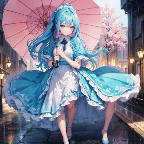 sky Blue hair, (braided ponytail),(pink eyes),fair skin ,(full body),(1 girl),smile,Straight Bangs,(masterpiece, best quality, ultra-detailed, best shadow), (detailed background), (beautiful detailed face), high contrast, (best illumination, an extremely d...