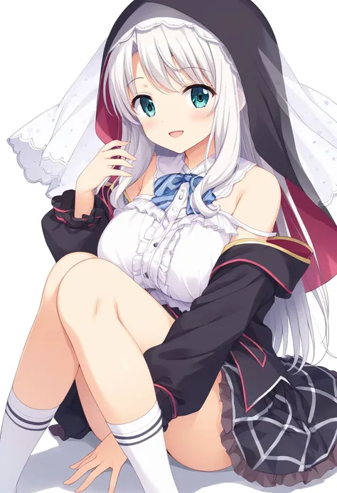 ((Highest quality)), ((masterpiece)), ((Very detailed)), (Very mature),A cute high school girl with a gentle look, white hair and about 165cm tall.，A female high school student with big breasts and a cute smile wearing a transparent black waifus with a cut...