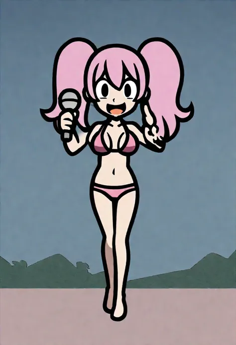 One girl、upright、Embarrassed、Twin tails、Pink Hair、heart、胸のvalley、bikini、小さなbikini、マイクロbikini、View here、Cute Girls、Hold the microphone、Full body view、Positive、Large Breasts、Big Breasts、Skinny、valley、おっぱいのvalley、