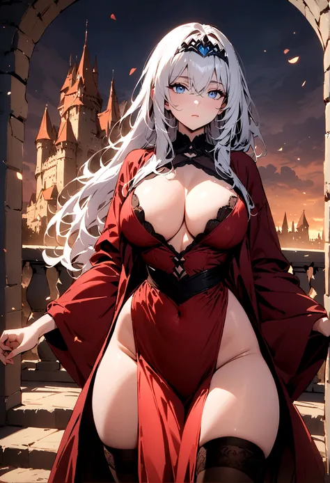 milf, 30 years old, (highres, masterpiece:1.2), white hair, robe, red robe, (large breasts), thick thighs, standing, pelvic curtain, tiara, thighhighs, v-neck, strapless dress, blue eyes, expressionless, long hair, castle in background, balcony