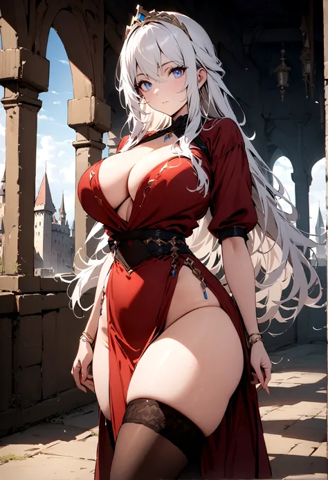 milf, 30 years old, (highres, masterpiece:1.2), white hair, robe, red robe, (large breasts), thick thighs, standing, pelvic curtain, tiara, thighhighs, v-neck, strapless dress, blue eyes, expressionless, long hair, castle in background, balcony