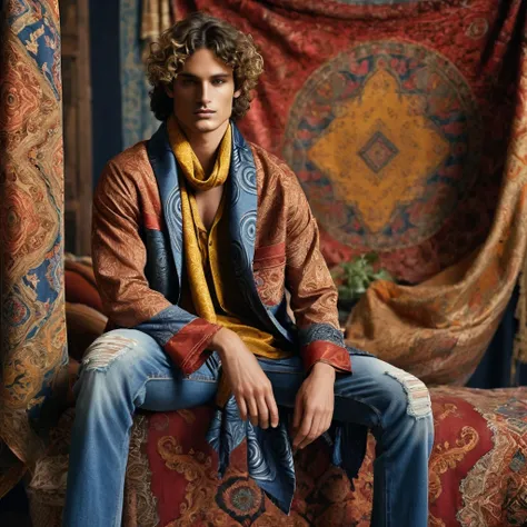 Two male models are posing in a richly decorated environment that evokes a vintage and bohemian vibe. The standing model is positioned on the left, wearing a blue denim kimono-style jacket adorned with intricate ethnic patterns and distressed edges. Undern...