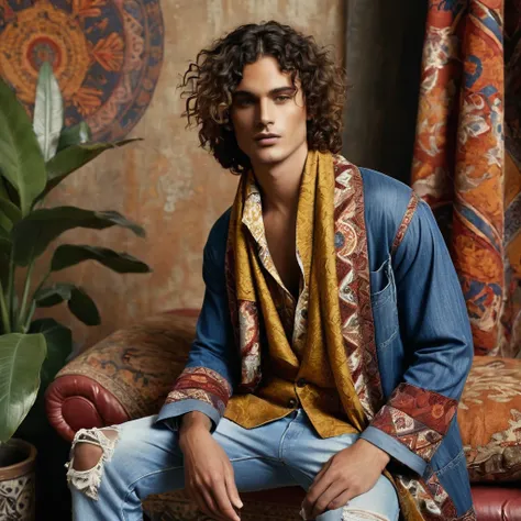 Two male models are posing in a richly decorated environment that evokes a vintage and bohemian vibe. The standing model is positioned on the left, wearing a blue denim kimono-style jacket adorned with intricate ethnic patterns and distressed edges. Undern...