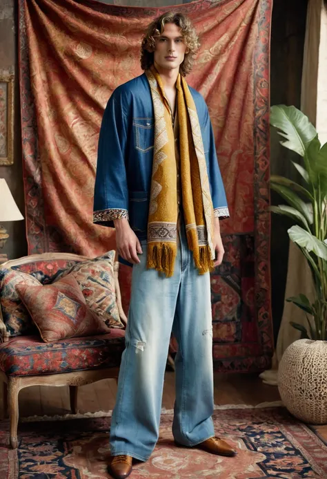 Two male models are posing in a richly decorated environment that evokes a vintage and bohemian vibe. The standing model is positioned on the left, wearing a blue denim kimono-style jacket adorned with intricate ethnic patterns and distressed edges. Undern...