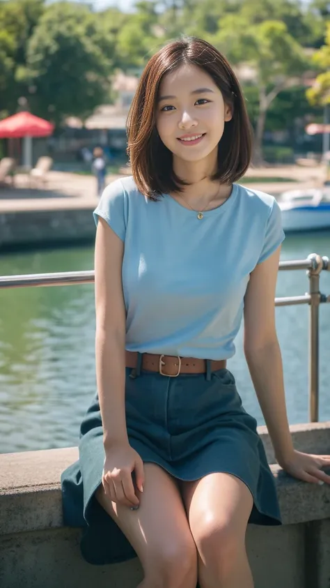 ((Highest quality、8K、High resolution、High resolution、masterpiece:1.3))、One Woman、26 year old Japanese woman、Short sleeve blouse and skirt with slit、Look at me with a smile、nice smile、(Kodak Portra 800 Film SMC Takumar 35mm F/ 2. 8 50 sec:1.1)、(RAW Photos、P...