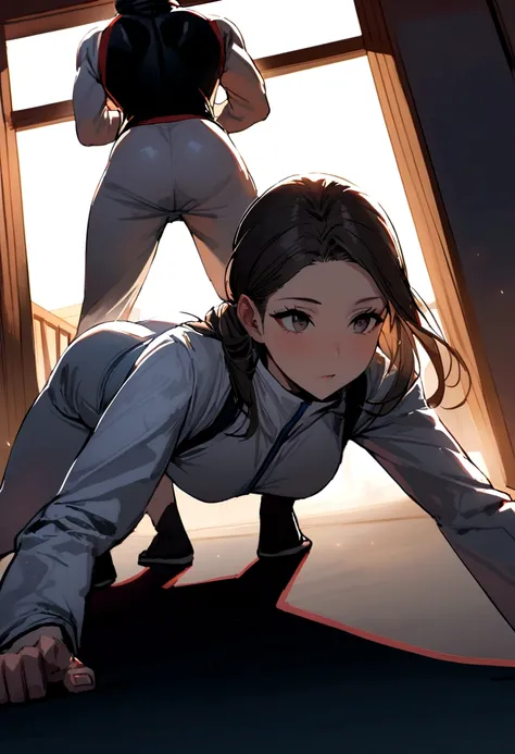 2 male and female characters doing push-ups in taekwondo suit 