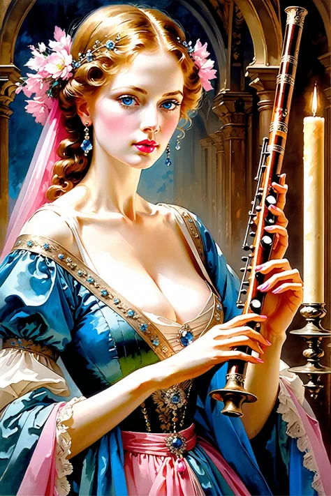 Victorian Hungarian women Women of the 14th century handling an Flute, Hazel hair, Pink lips, Nice feature, Wadim Kashin, james gurney, ink, Splash Art", Amazing beauty , Royo, after sexing, Super detailed splash art modern European oil ink painting, Mid G...