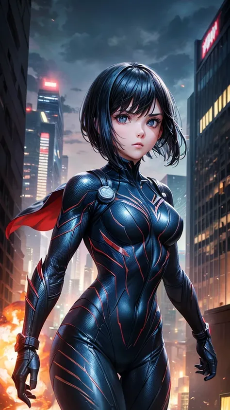 ((Best quality))((realistic))((full body))((face detail))A girl. Short black hair. Venom suit . dark . Marvel . City destruction. fight with robot . 