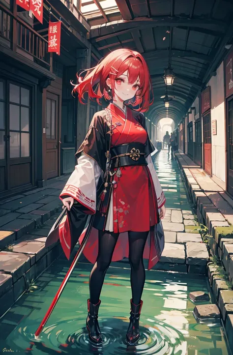 Brunette beauty。High ponytail，red hair clips，short detailed hair，Extremely tall，Wear red and white antique japanese clothes，Valkyrie，Brown belt，Brown boots，Red spear in hand，Standing in the antique courtyard，A bright smile，red pupils，Bare legged，Best quali...