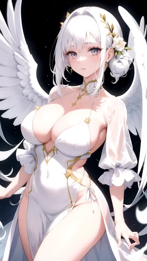 The woman with white hair and gold eyes .She got a white angel wings and she have wear a white dress.she have a white collar with a golden star.