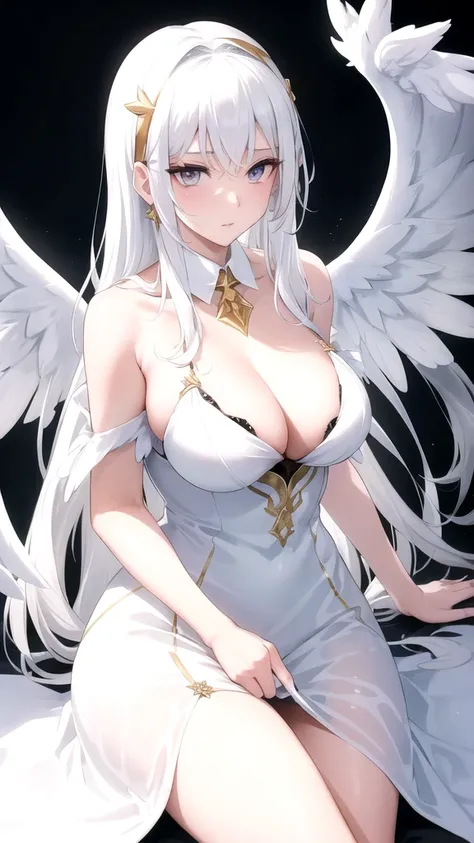 The woman with white hair and gold eyes .She got a white angel wings and she have wear a white dress.she have a white collar with a golden star.