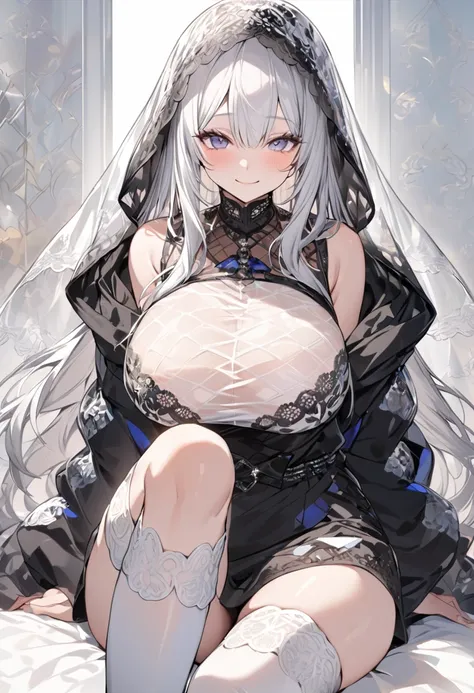 ((Highest quality)), ((masterpiece)), ((Very detailed)), (Very mature),A cute high school girl with a gentle look, white hair and about 165cm tall.，A female high school student with big breasts and a cute smile wearing a transparent black waifus with a cut...