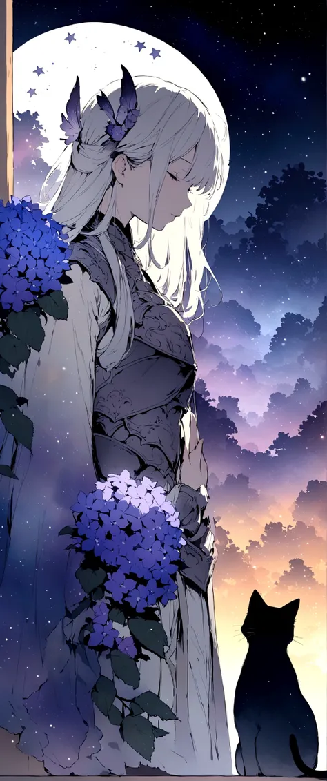 High resolution, A beautiful double exposure image blending a starry sky with blue-purple hydrangea flowers. Illustrations drawn with a delicate touch.Great atmosphere. Vibrant,High quality illustrations,dream-like,mercenary,Cinematic,Cute Japanese girl an...