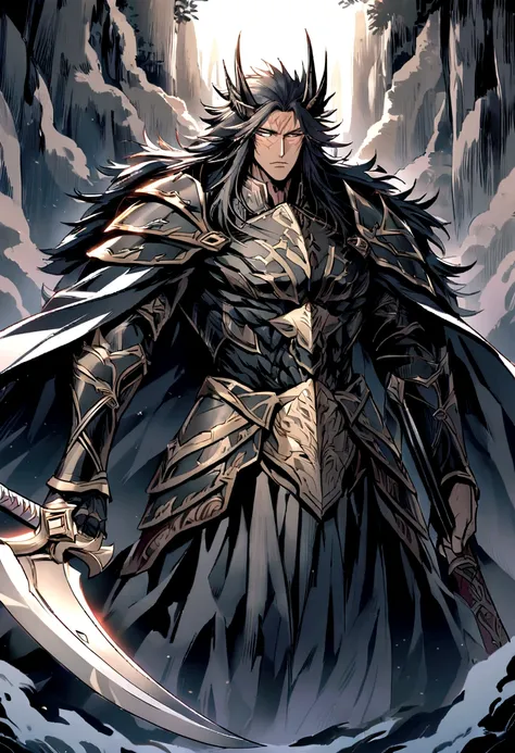 A more humanized rendition of Fenrir would portray him as a towering warrior of imposing stature and commanding presence. His hair, black as night, flows wild and untamed, reflecting his fierce nature. With piercing eyes of deep blue, he exudes a predatory...