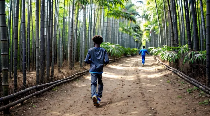 image of a black male teenager, 12 years old - wearing a dark gray long-sleeved shirt = no print - short curly hair - long pants and straw sandals, - running with his back to the camera - alone on the trail - next to him a Blue morpho butterfly - running a...