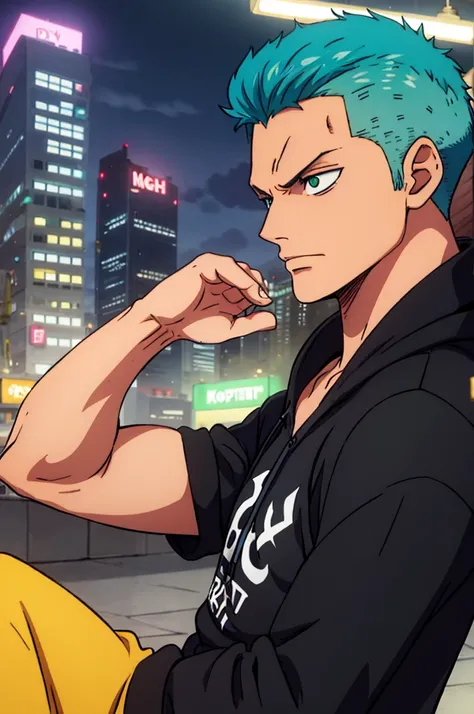 A man, blue hair and green eyes, short hairstylist, wearing a black hoodie, night, city, badass