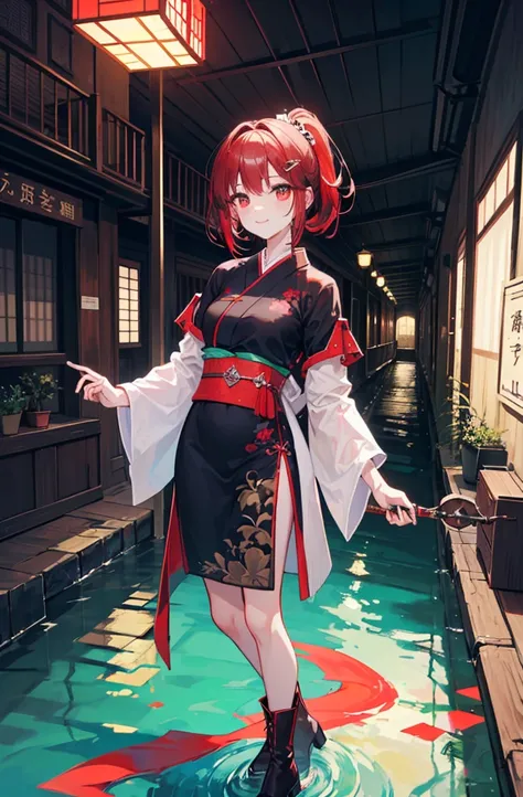 Brunette beauty。High ponytail，red hair clips，short detailed hair，Extremely tall，Wear red and white antique japanese clothes，Valkyrie，Brown belt，Brown boots，Red spear in hand，Standing in the antique courtyard，A bright smile，red pupils，Bare legged，Best quali...