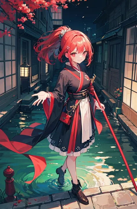 Brunette beauty。High ponytail，red hair clips，short detailed hair，Extremely tall，Wear red and white antique japanese clothes，Valkyrie，Brown belt，Brown boots，Red spear in hand，Standing in the antique courtyard，A bright smile，red pupils，Bare legged，Best quali...