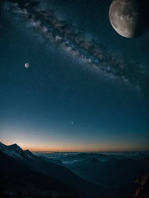 The movement of the moon in a moonlit night with the Milky Way galaxy

