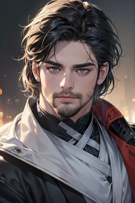 (best quality,4k,8k,highres,masterpiece:1.2),ultra-detailed,(realistic,photorealistic,photo-realistic:1.37),30 year old man,3 day beard,handsome anime,portraits,strong,masculine,dark hair,sharp jawline,mesmerizing eyes,perfectly styled hair,cool anime outf...