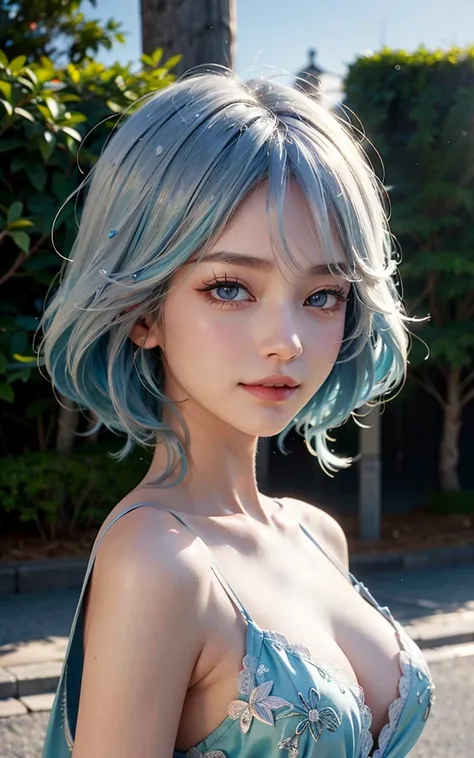 Furina from Genshin Impact, 18 years old girl, (Raw photo, Best Quality), (Realistic, Photorealsitic:1.3), masterpiece, Extremely delicate and beautiful, Soft light, (beautiful white and blue hair, Shoulder-length straight hair swaying in the wind), Beauti...