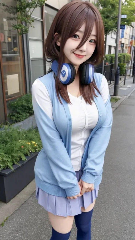 nakano_miku, long hair, hair between eyes, headphones, headphones around neck, long sleeves, shirt, white shirt, cardigan, blue ...