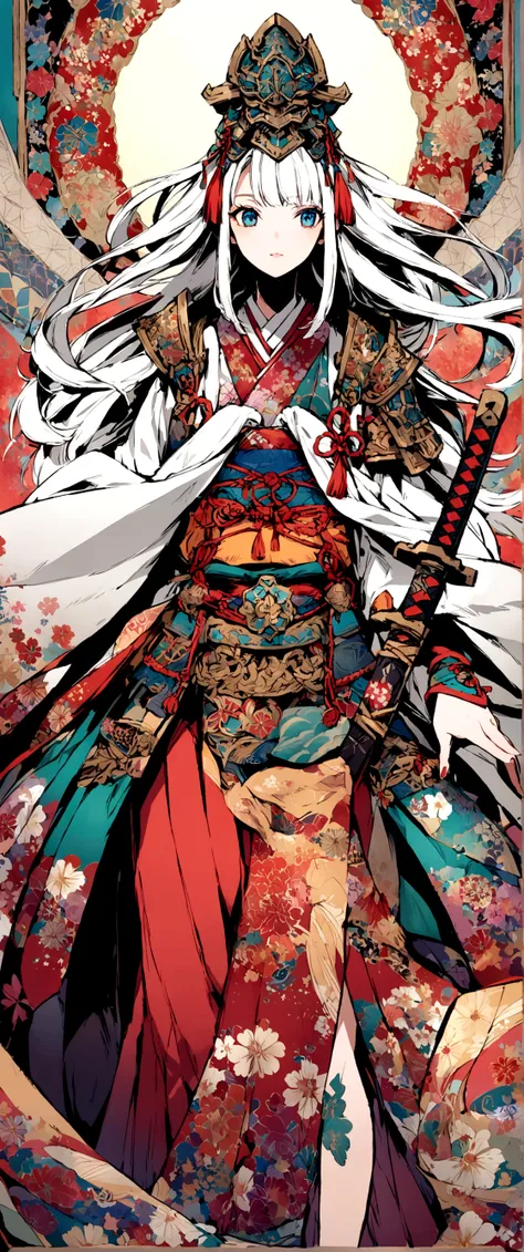 A vibrant and colorful illustration of an anime-style female samurai character with white hair, holding her sword in front of her face. She is wearing traditional Japanese adorned with floral patterns, a backdrop filled with colorful patterns representing ...